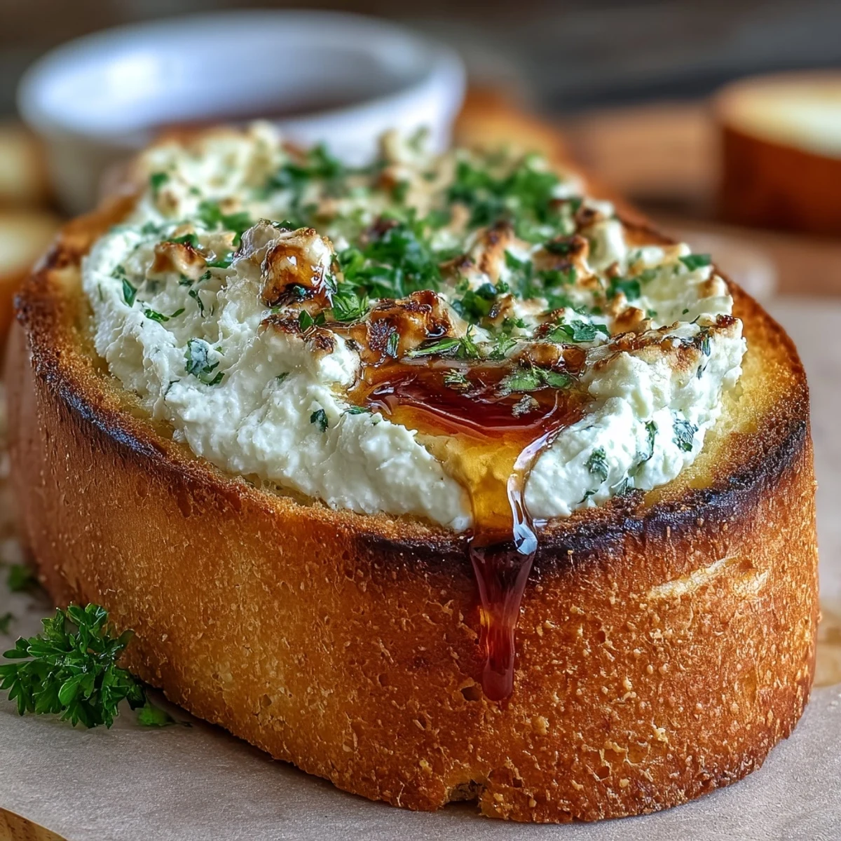 Golden-baked Hot Honey Ricotta Garlic Bread shows a crusty baguette half spread with creamy ricotta and garlic, ready to serve warm.