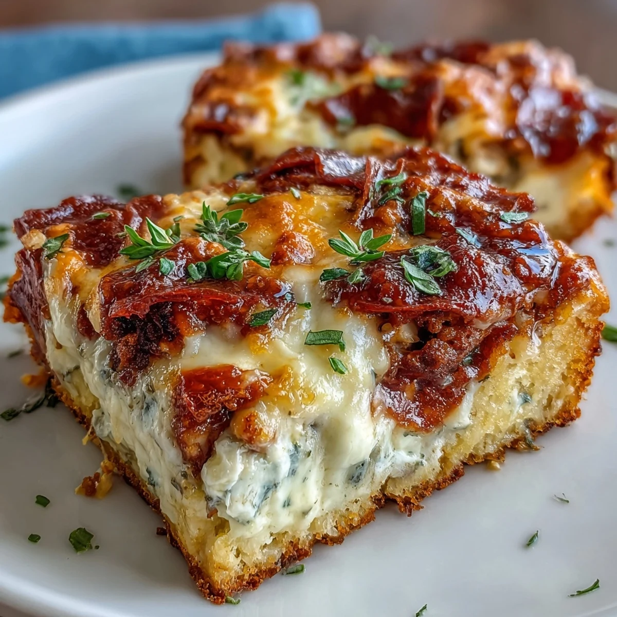 Freshly baked High-Protein Breakfast Casserole with golden cheese and turkey pepperoni, served warm on a rustic cutting board.