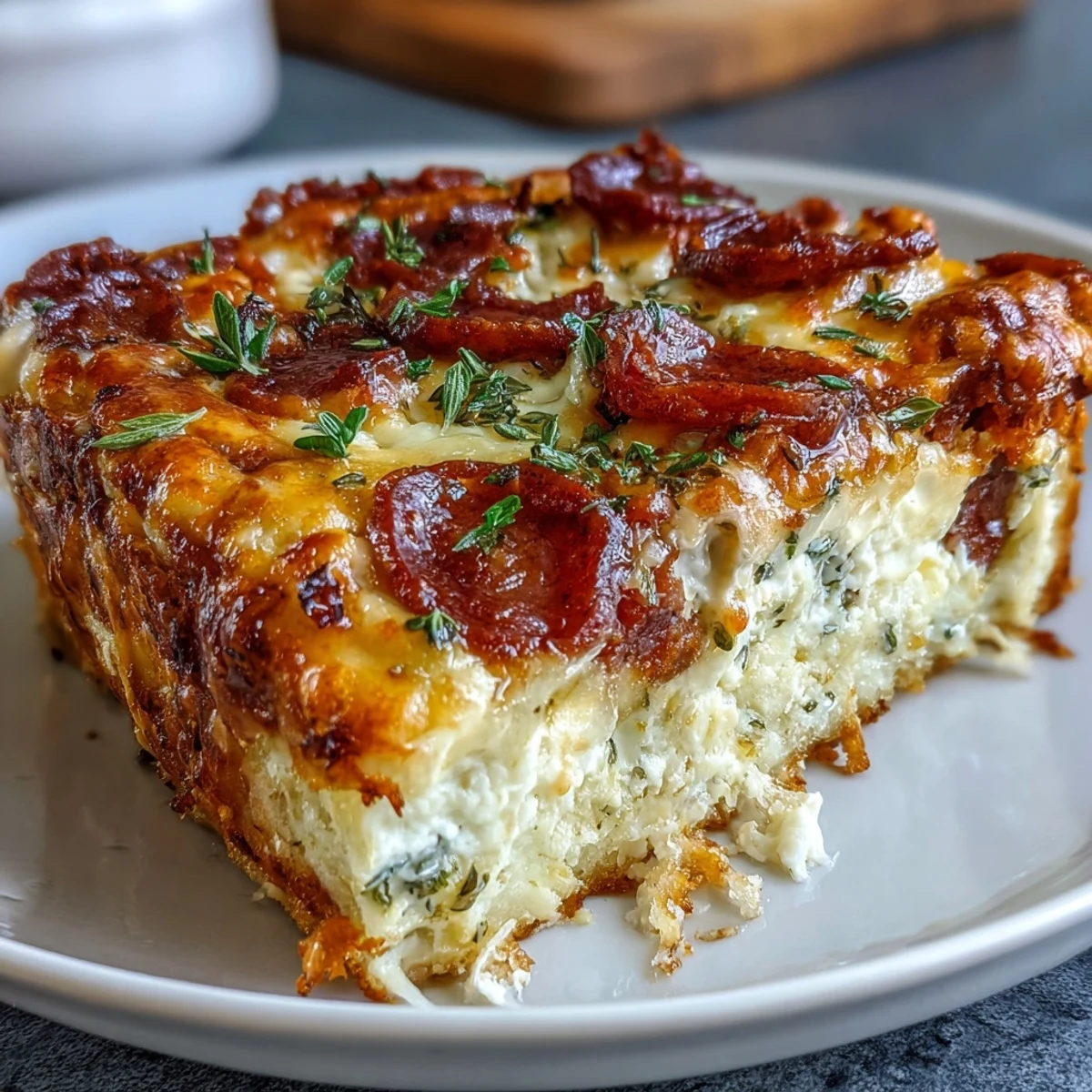 A hearty slice of High-Protein Breakfast Casserole shows fluffy eggs and melty mozzarella on the Greek yogurt crust.