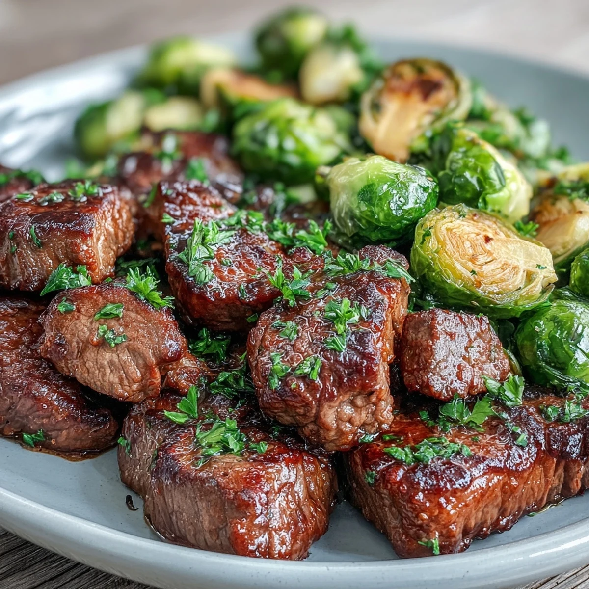 Sizzling steak bites coated in lemon garlic butter, paired with golden roasted Brussels sprouts for dinner.