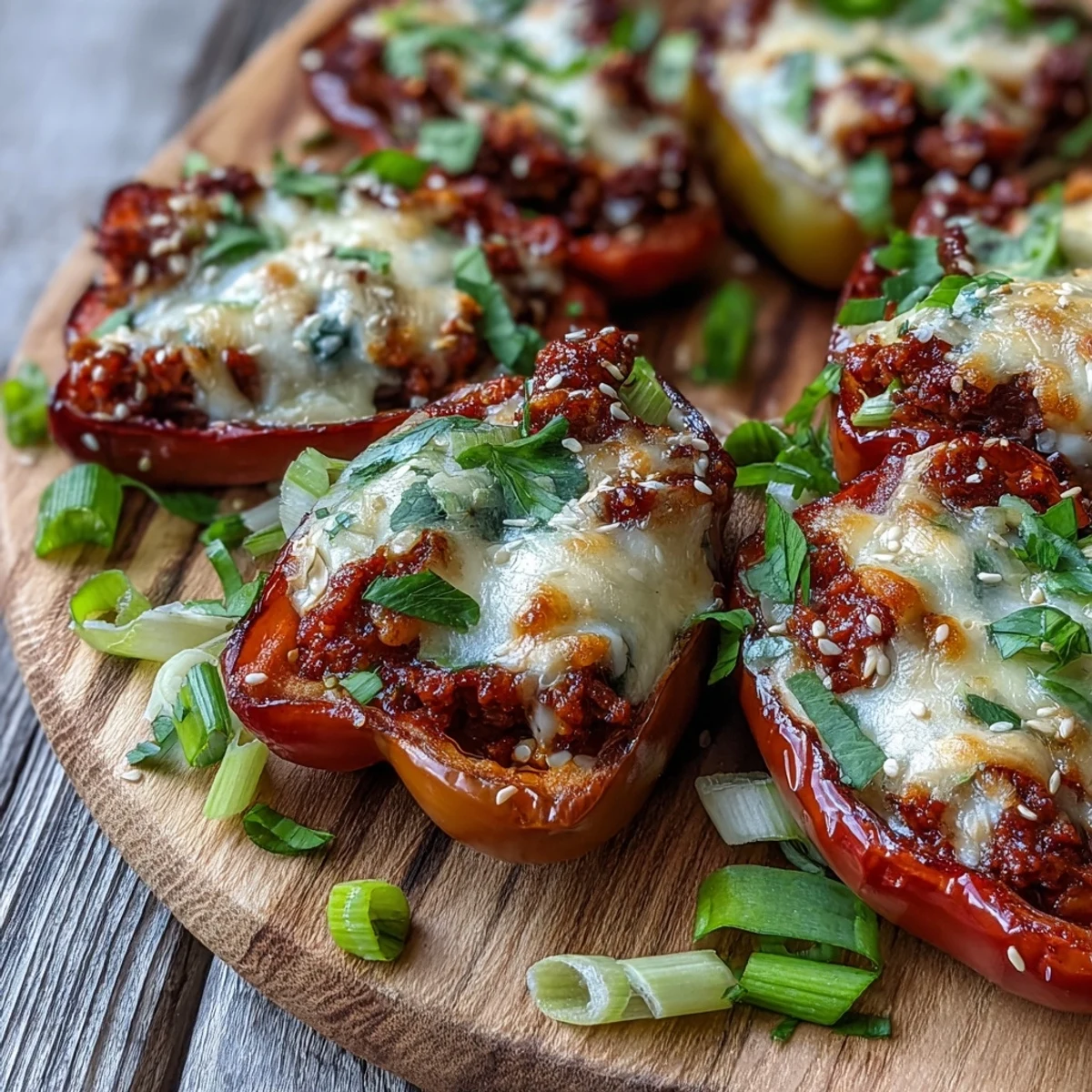 Golden, bubbly mozzarella melts over sweet mini peppers stuffed with Korean-style ground turkey, garnished with fresh green onions.
