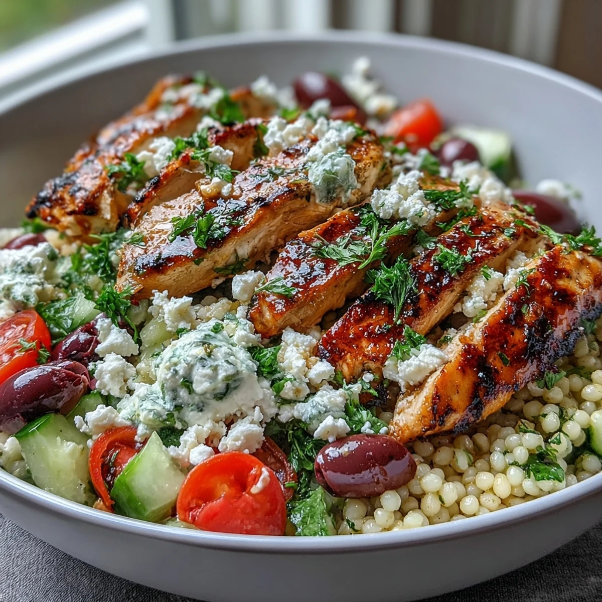 A fork holds a bite of Mediterranean Pearl Couscous Chicken Bowls, showcasing cucumbers, tomatoes, and Kalamata olives.