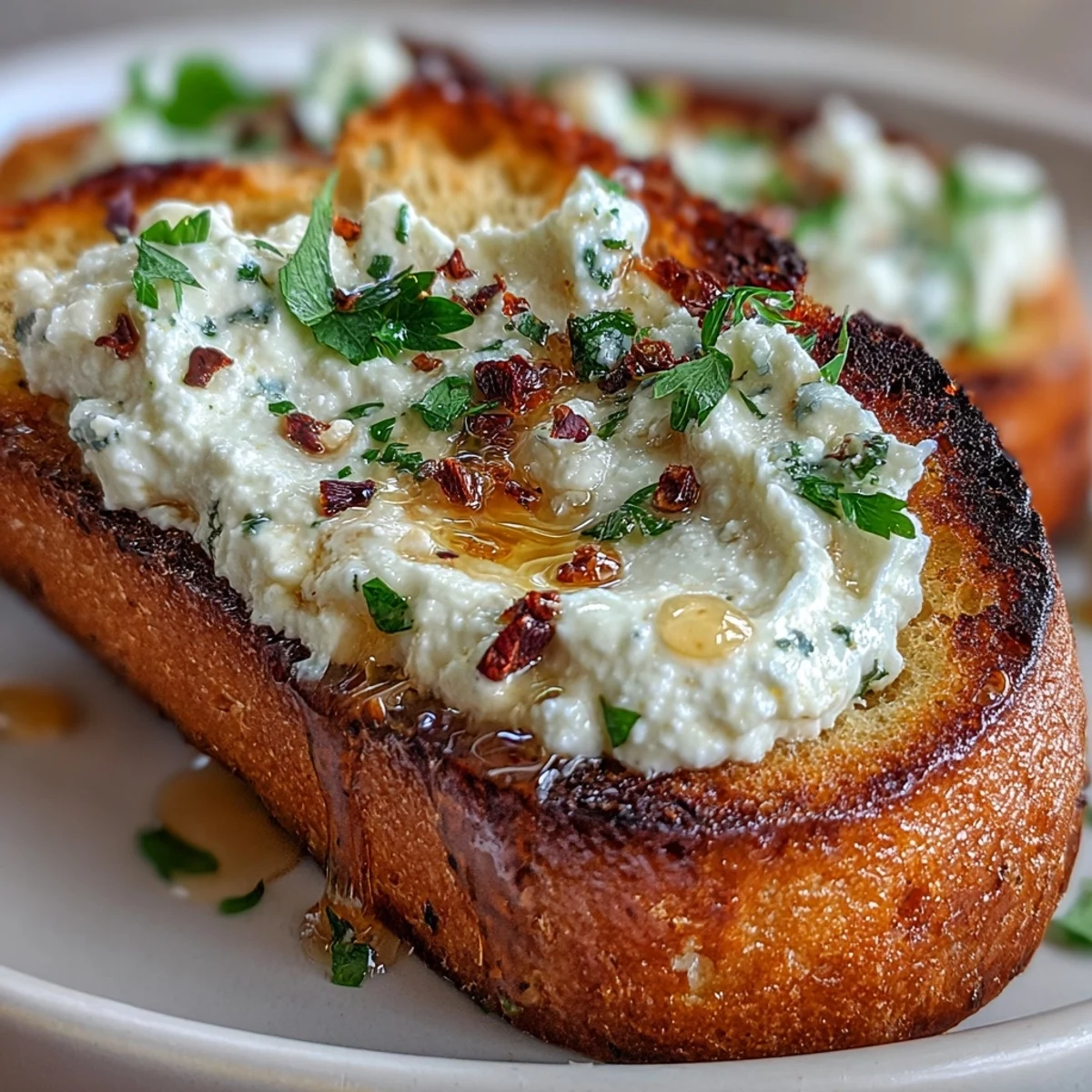 Golden-baked slices of Hot Honey Ricotta Garlic Bread on a wooden board, showing creamy ricotta spread and glistening hot honey drizzle.