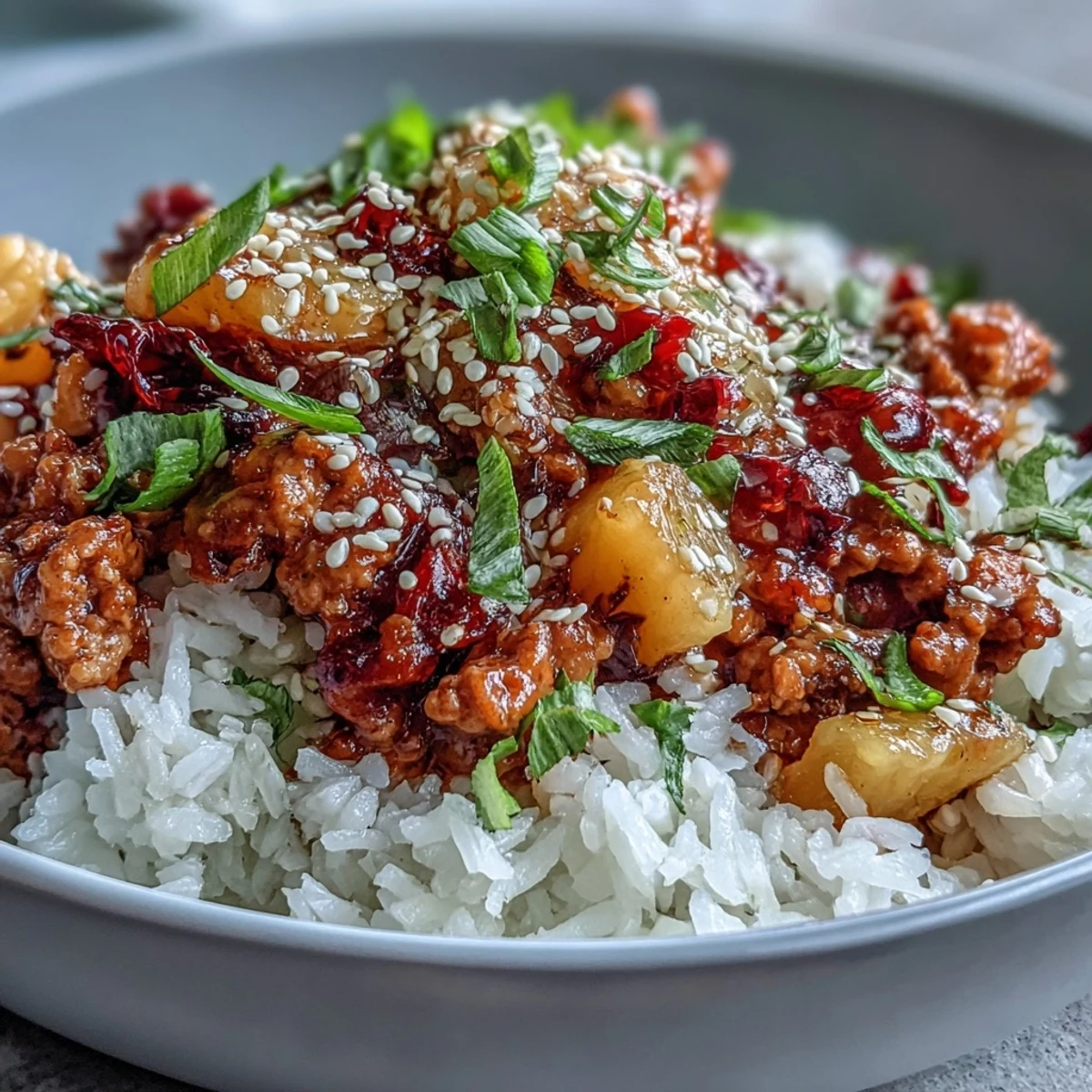Golden fried ground turkey mingles with red bell peppers and pineapple in a Sweet-and-Sour Turkey Rice Skillet, garnished with green onions.  
