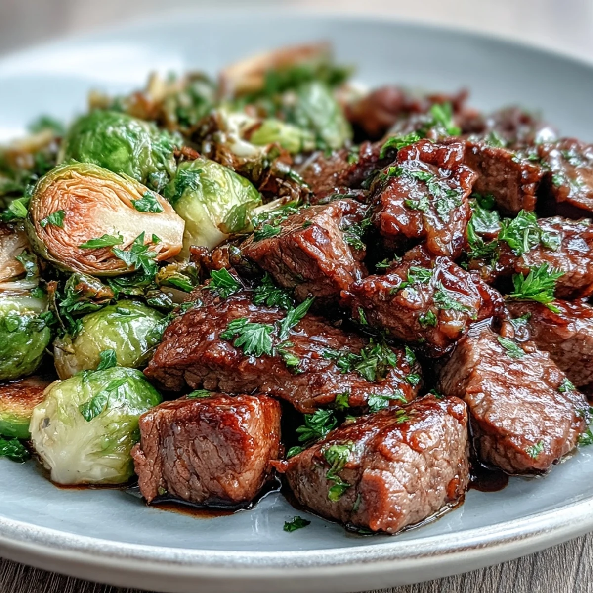 Perfectly seared Keto Lemon Garlic Butter Steak Bites with caramelized roasted Brussels sprouts on a plate.