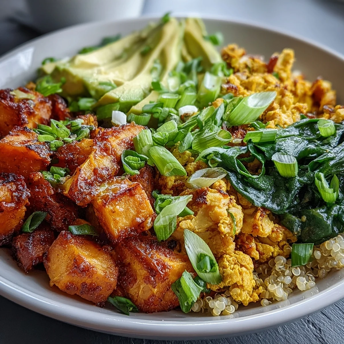 Protein-packed vegan breakfast featuring golden scrambled tofu, roasted sweet potatoes, fresh spinach, quinoa, and sliced avocado in a nourishing bowl.  
