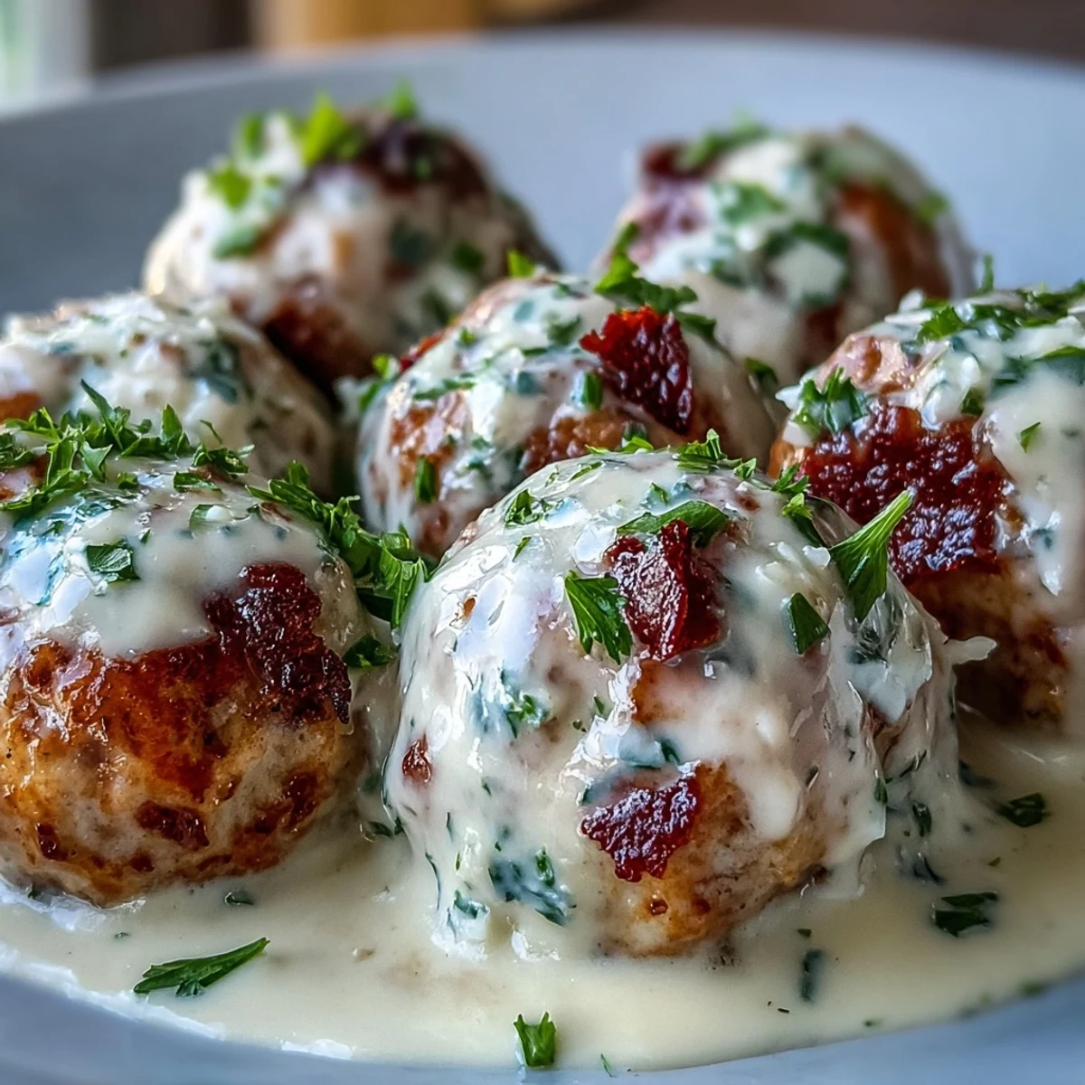Creamy garlic ranch turkey meatballs in a rich sauce, served hot from the oven with fresh parsley garnish.  