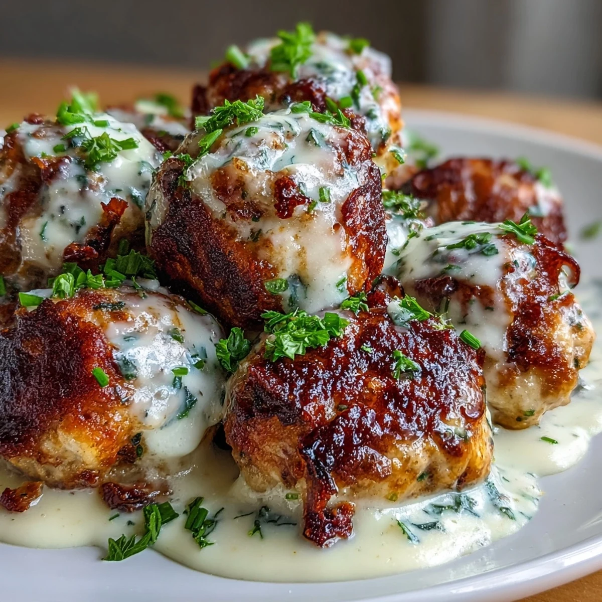 Oven-baked turkey meatballs coated in velvety garlic cream sauce, perfect for a comforting dinner or appetizer.  