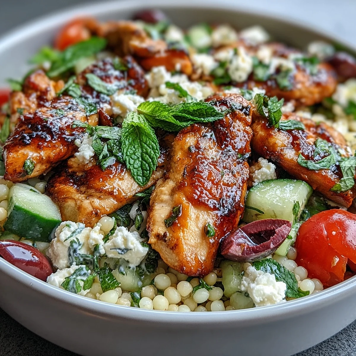 Mediterranean pearl couscous chicken bowls with lemon-feta marinated chicken strips and fresh herb salad.  