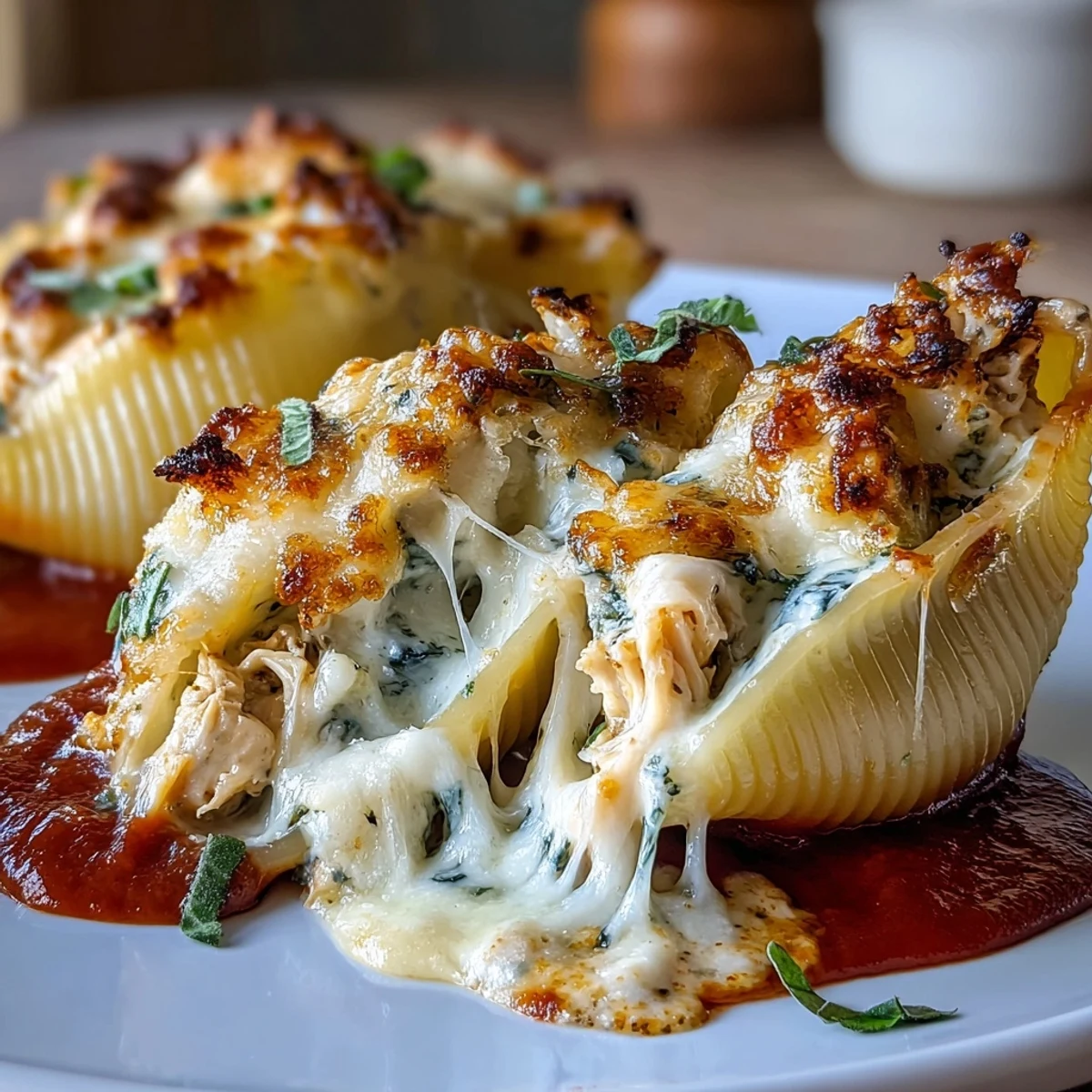 Baked pesto chicken stuffed shells in marinara with mozzarella and fresh basil.  