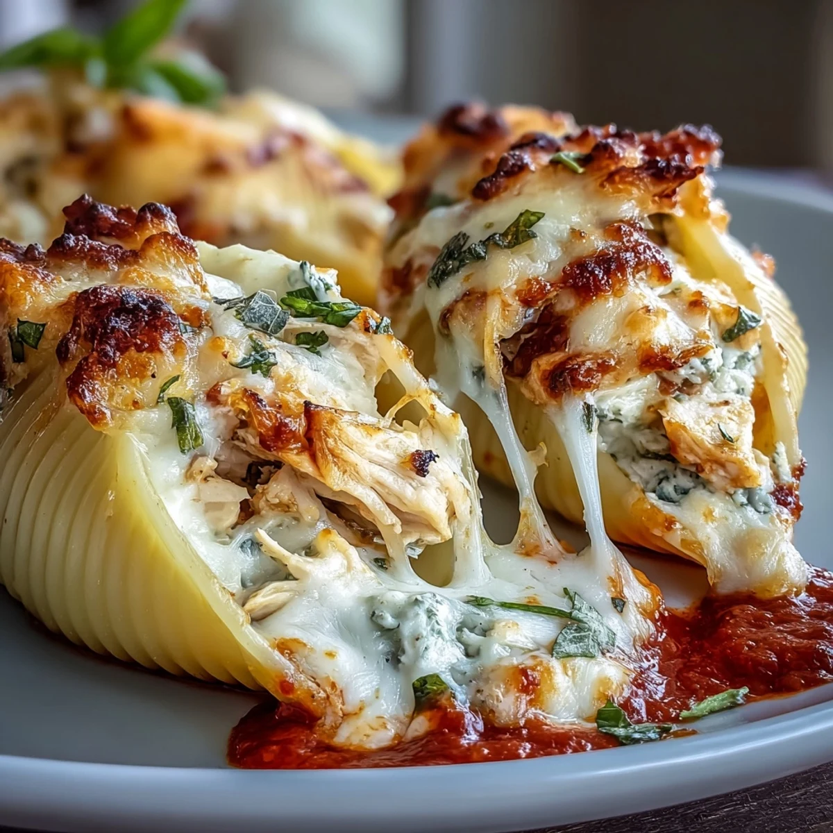 Creamy Greek yogurt pesto chicken filling stuffed into jumbo pasta shells and baked.  