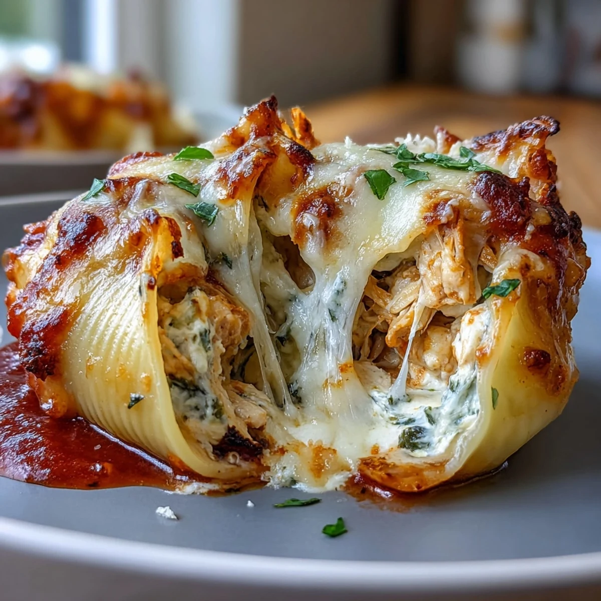 Golden baked jumbo shells stuffed with pesto chicken and topped with marinara sauce.