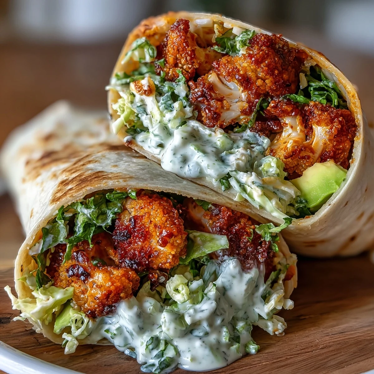 Crispy buffalo cauliflower bites wrapped in soft tortillas with creamy vegan ranch slaw for a satisfying plant-based meal.  