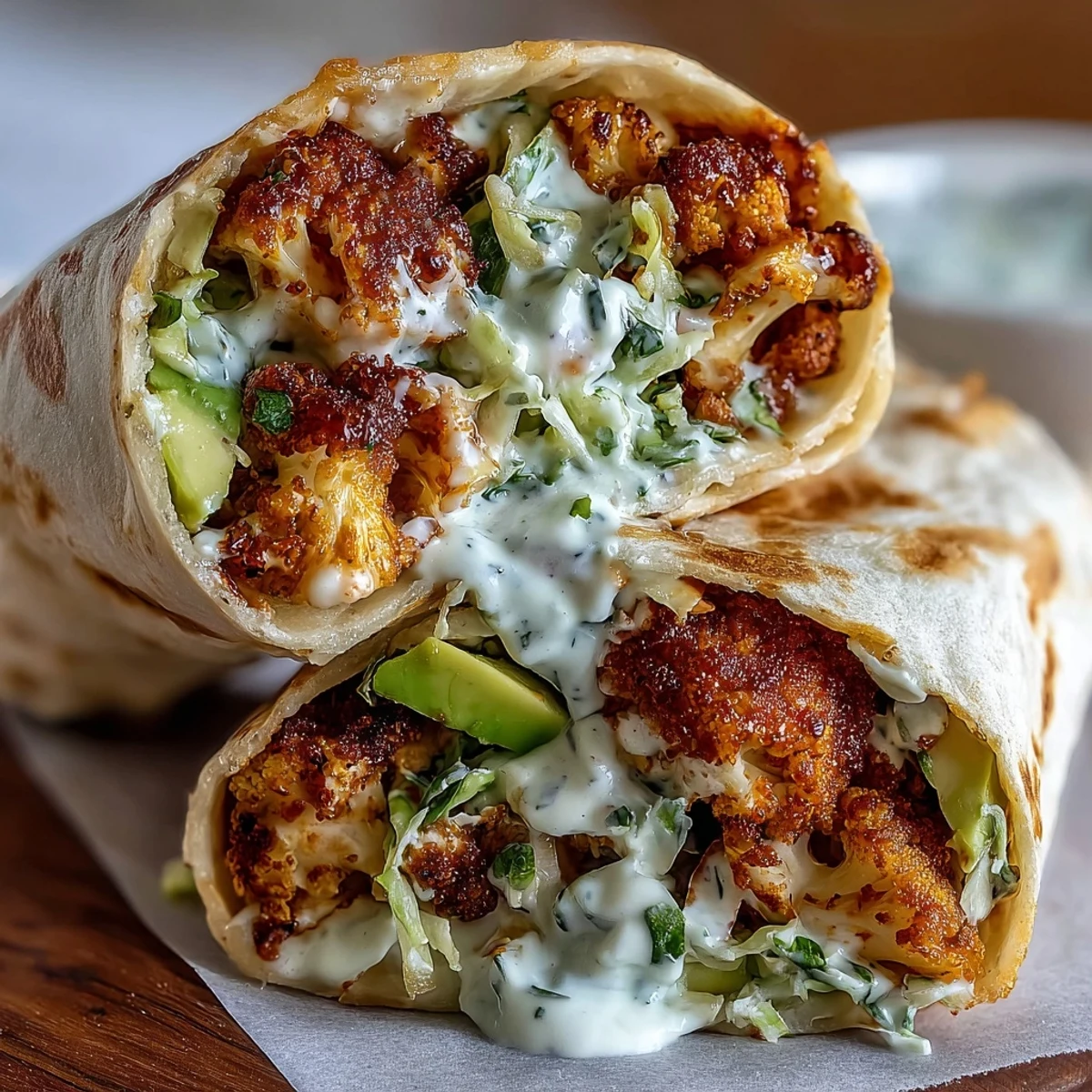 Golden, crispy cauliflower coated in zesty buffalo sauce, served in warm tortillas with fresh ranch slaw and avocado slices.