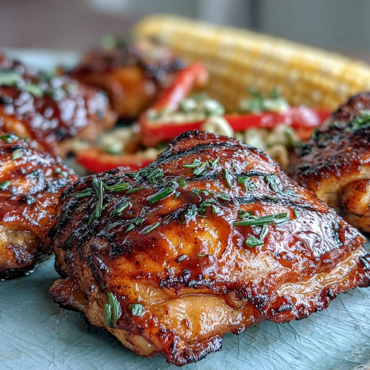 Sheet Pan BBQ Chicken with Corn on the Cob and Peppers: Juicy chicken thighs glazed in smoky BBQ sauce alongside sweet corn and colorful bell peppers, all roasted to perfection on a single pan.