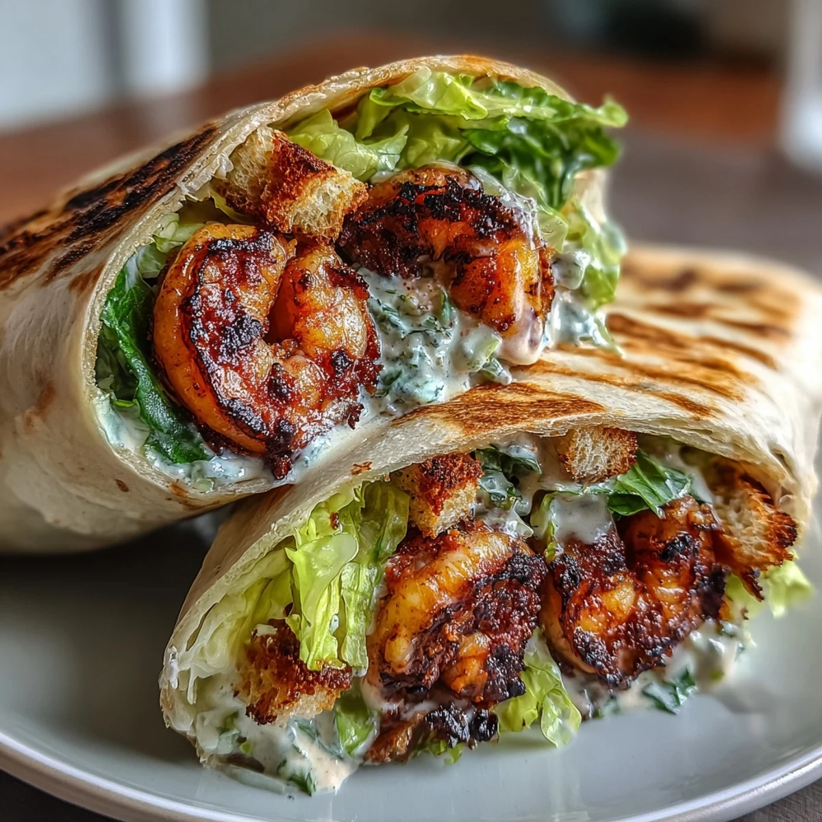 Juicy grilled shrimp Caesar wraps with romaine, croutons, and creamy dressing for a satisfying meal.