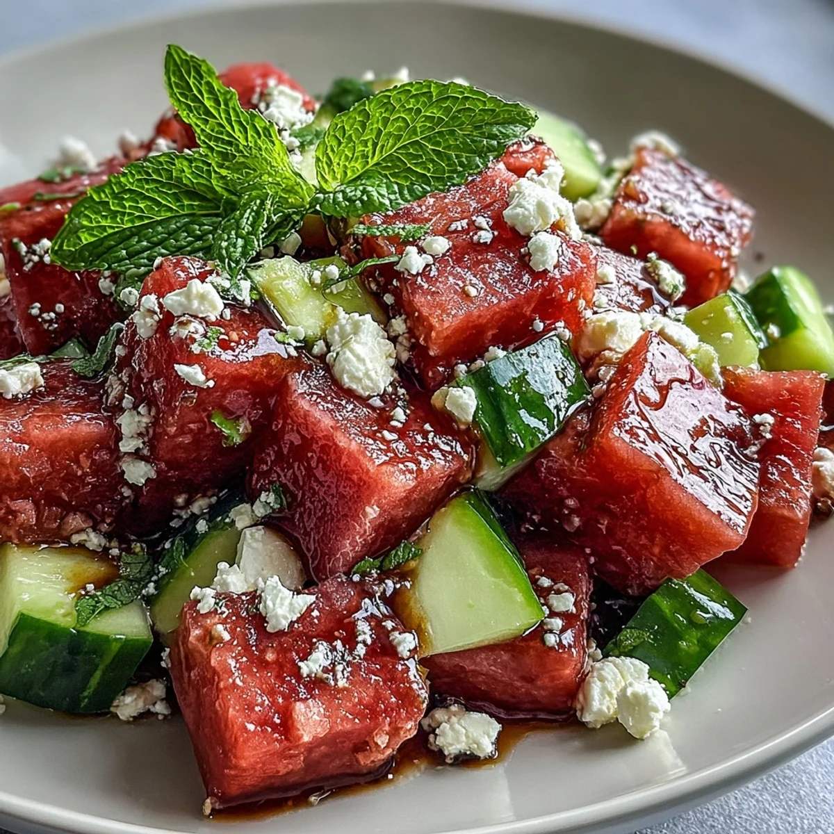 Vibrant watermelon feta cucumber salad with balsamic glaze, perfect for summer BBQs and picnics.  