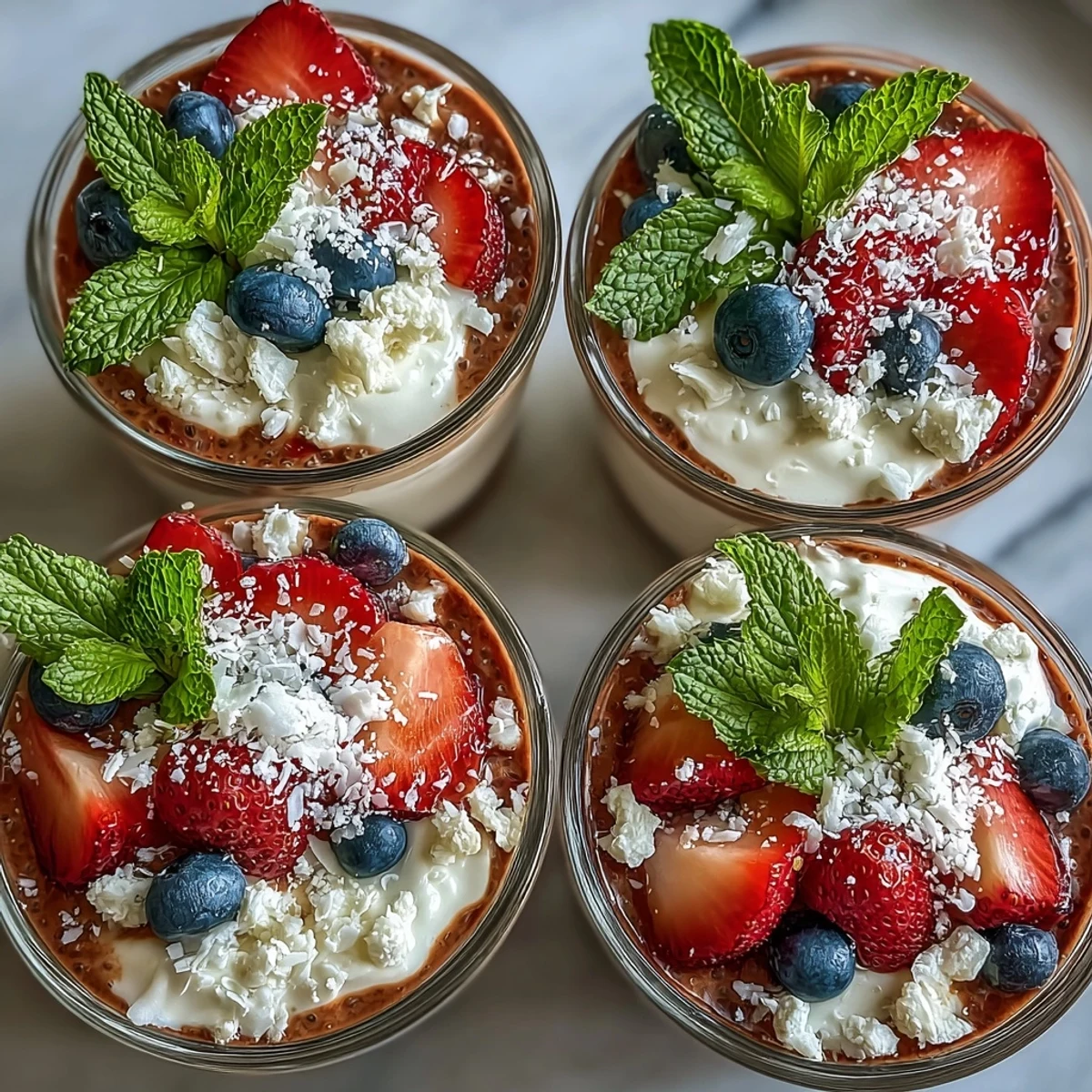 Creamy vanilla chia pudding topped with a colorful mix of summer berries, ideal for a refreshing vegan snack.  
