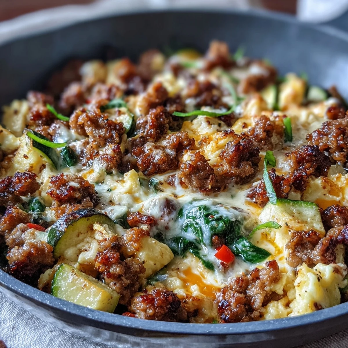 Keto sausage and veggie breakfast scramble with fluffy eggs and vibrant peppers, served hot and fresh for a satisfying low-carb morning meal.