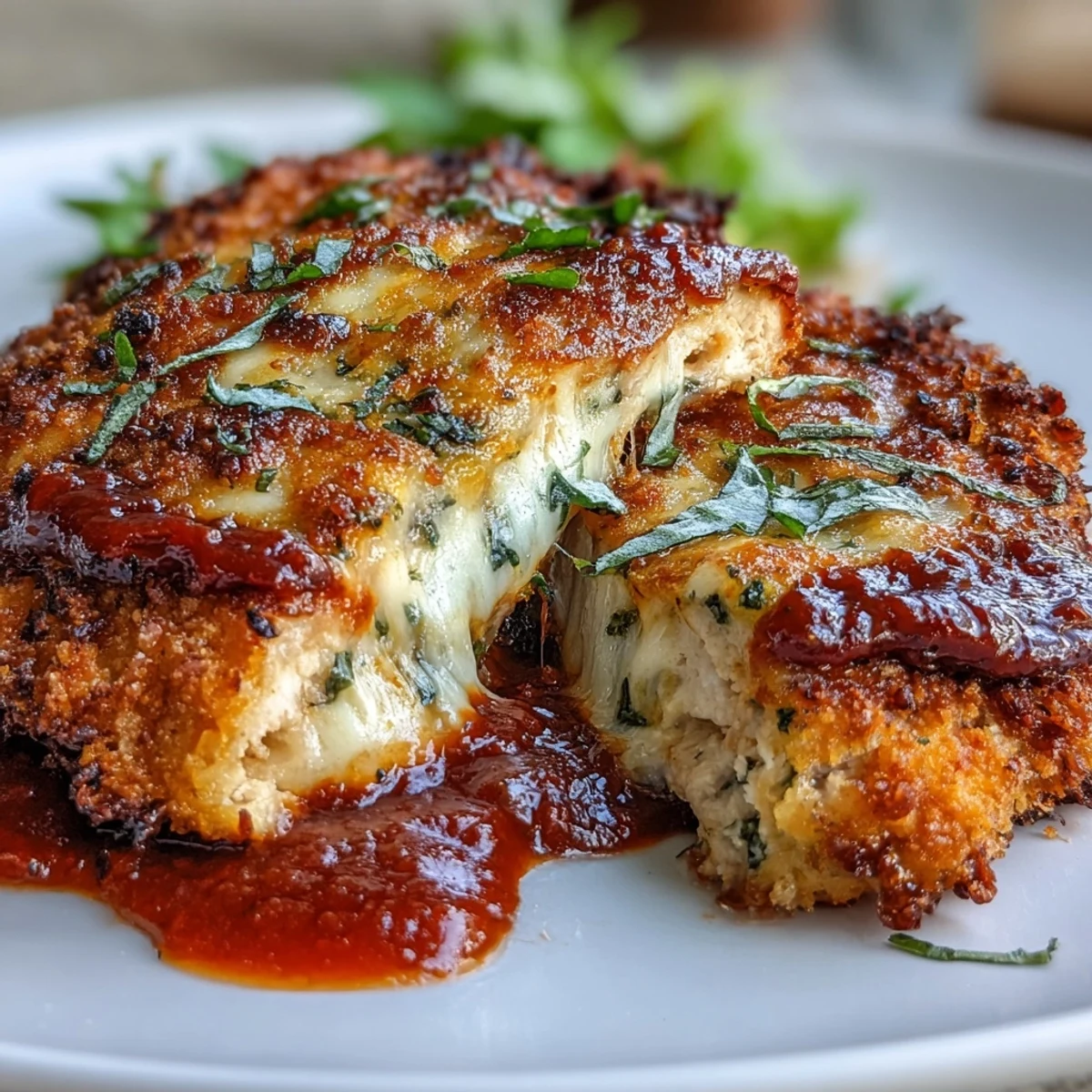 Keto baked chicken Parmesan with marinara and mozzarella, golden almond flour crust topped with bubbling cheese and rich sauce.  
