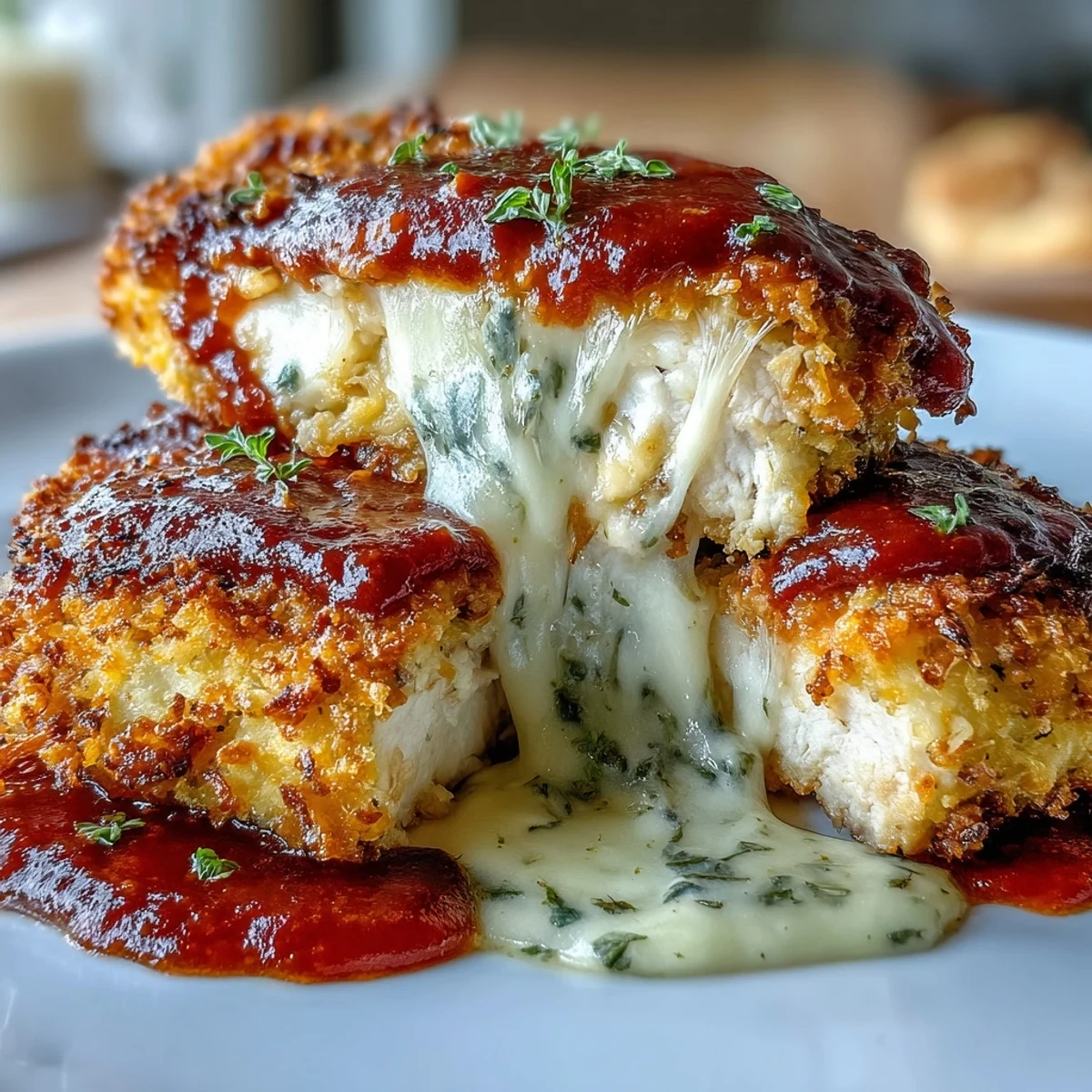 Baked chicken breasts coated in Parmesan and herbs, finished with marinara and gooey mozzarella for a keto-friendly Italian classic.