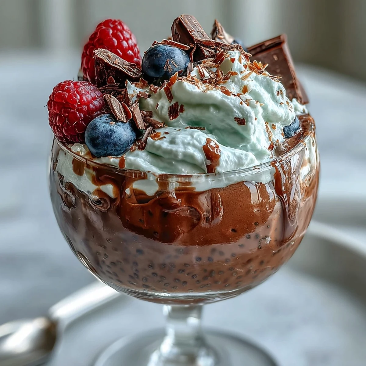 Vegan chocolate chia pudding parfait layered with creamy coconut whip and fresh berries in a clear glass, garnished with shaved dark chocolate and toasted coconut.