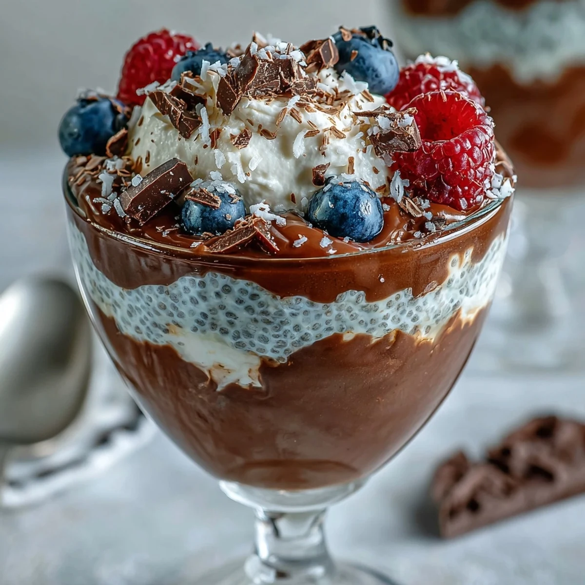 Rich and indulgent vegan chocolate chia pudding parfait topped with airy coconut whip and vibrant berries, perfect for a healthy dessert or breakfast.
