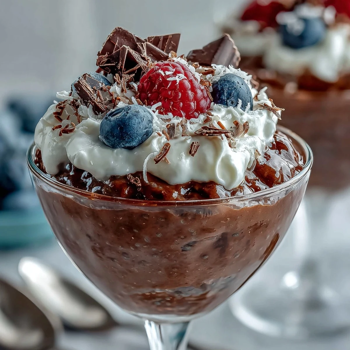 Decadent vegan chocolate chia pudding parfait with luscious coconut whip, fresh seasonal berries, and crunchy toasted coconut flakes in a stylish glass jar.