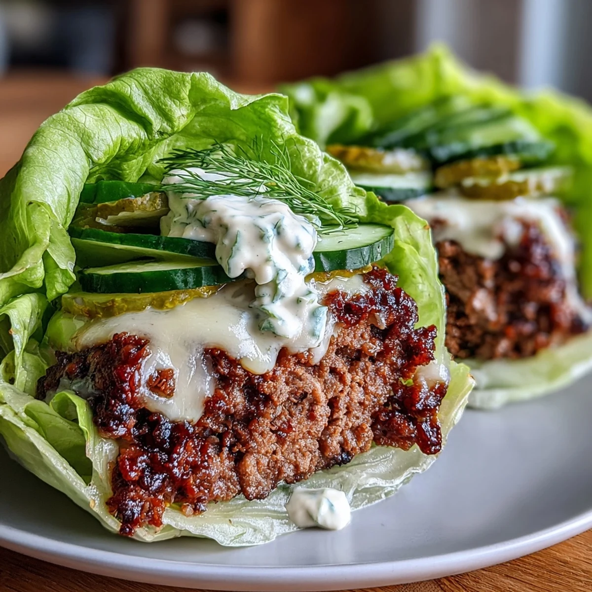 Low-carb cheeseburger lettuce wraps filled with seasoned beef, melted cheese, dill pickles, and a zesty keto secret sauce for a guilt-free meal.