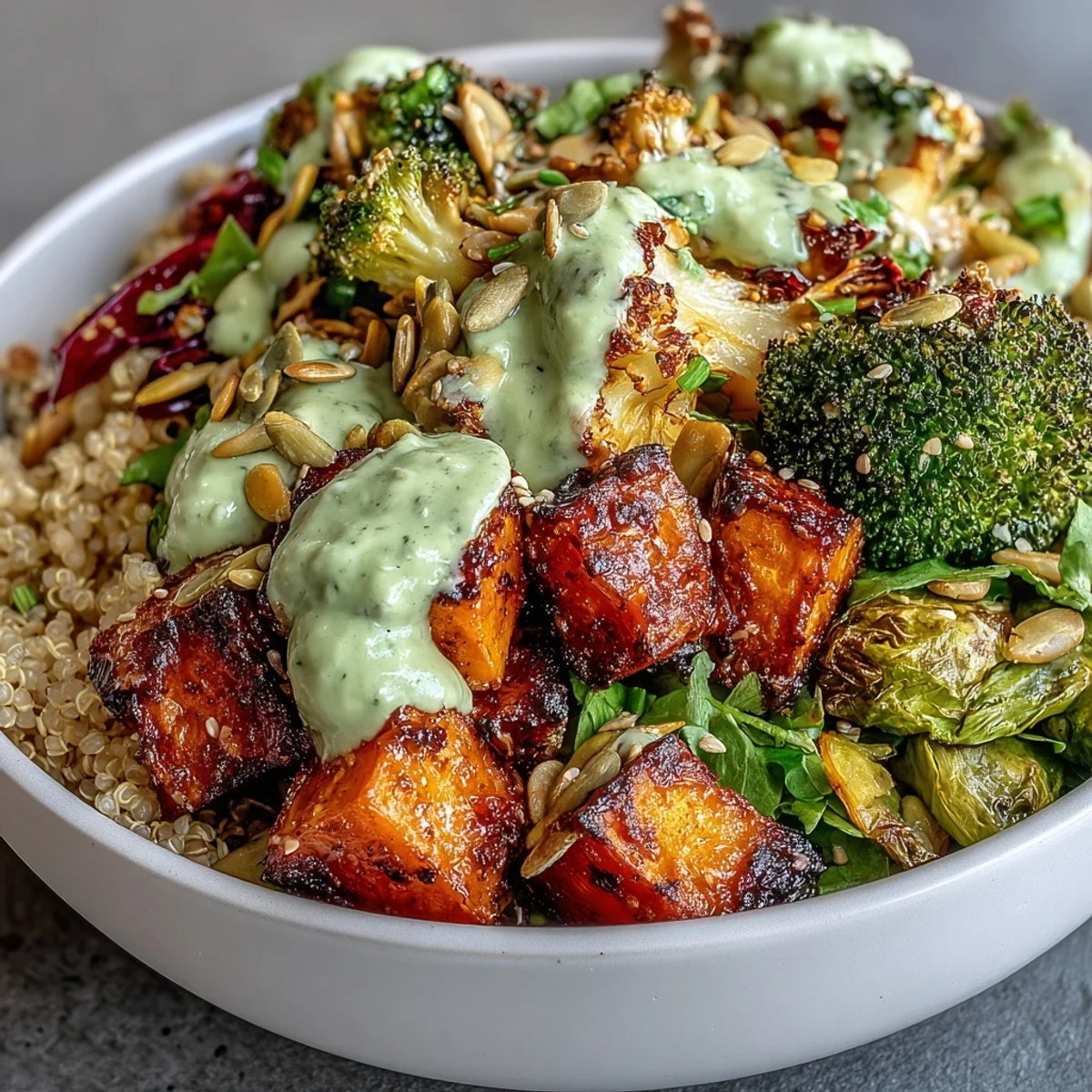 Colorful vegan buddha bowl with roasted sweet potatoes, broccoli, and zucchini, topped with creamy green goddess avocado dressing and crunchy pumpkin seeds.  