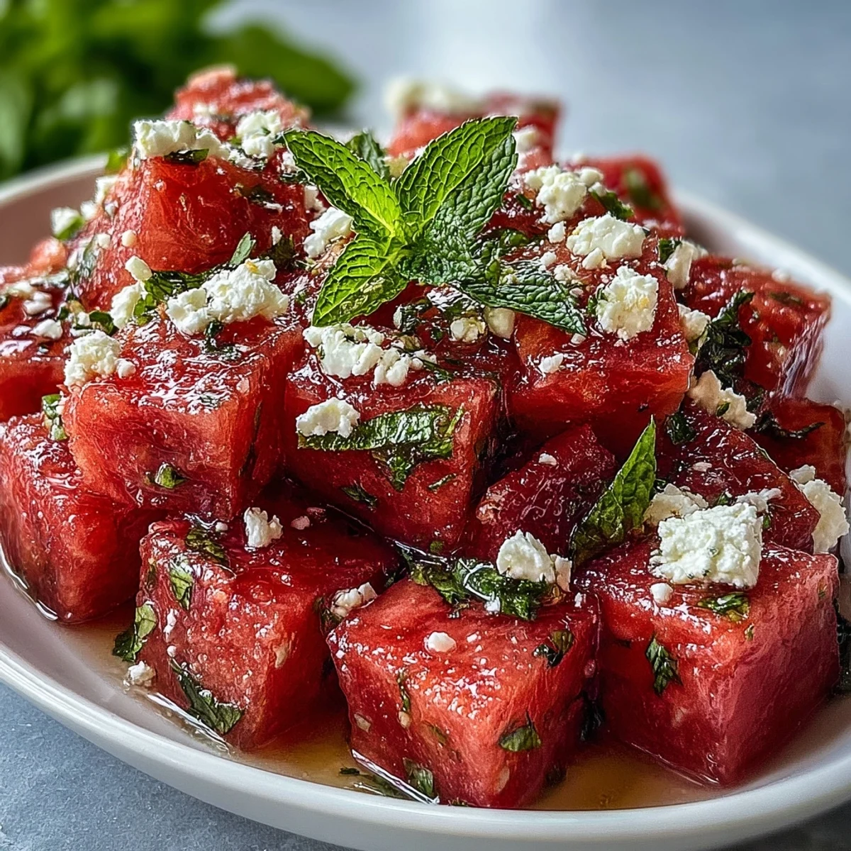A vibrant bowl of watermelon feta mint salad with juicy red cubes and creamy white cheese, garnished with fresh green mint leaves.  