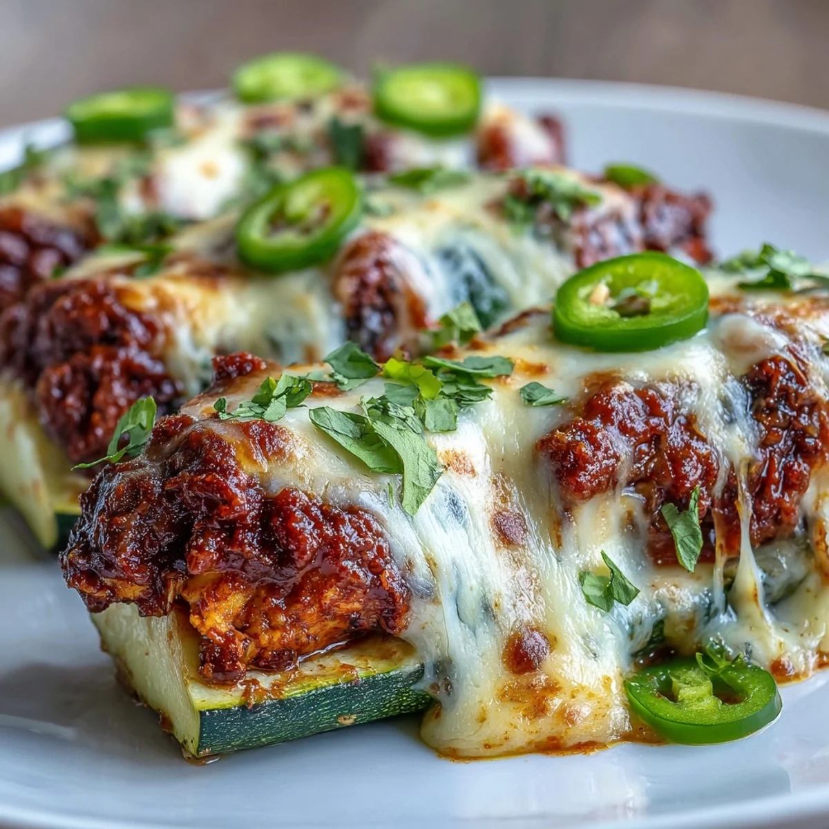 Keto chicken enchilada zucchini boats filled with spiced shredded chicken and melted cheese, baked until tender and bubbly.