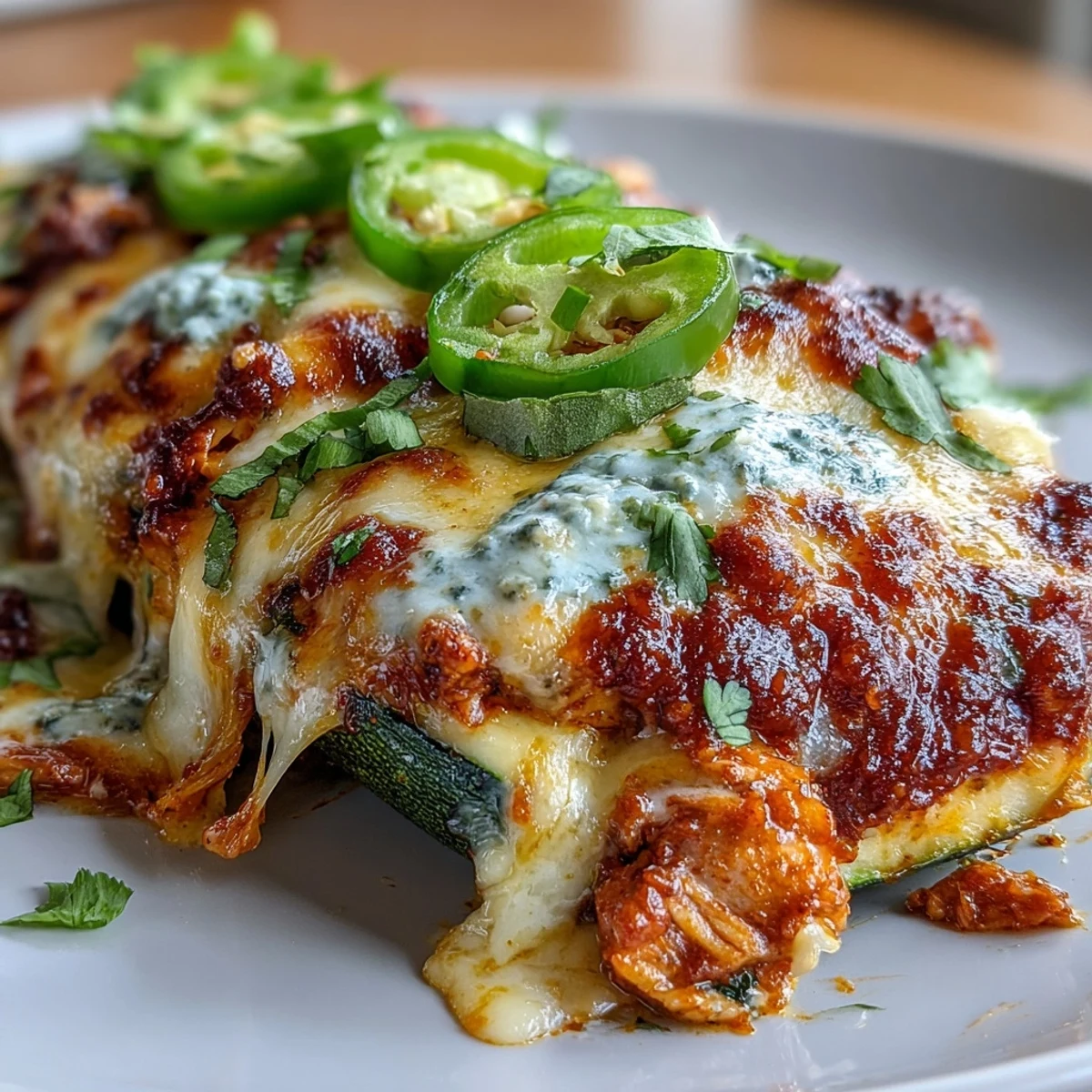 Low-carb zucchini boats loaded with keto-friendly enchilada chicken and gooey melted cheese, garnished with fresh cilantro and avocado.