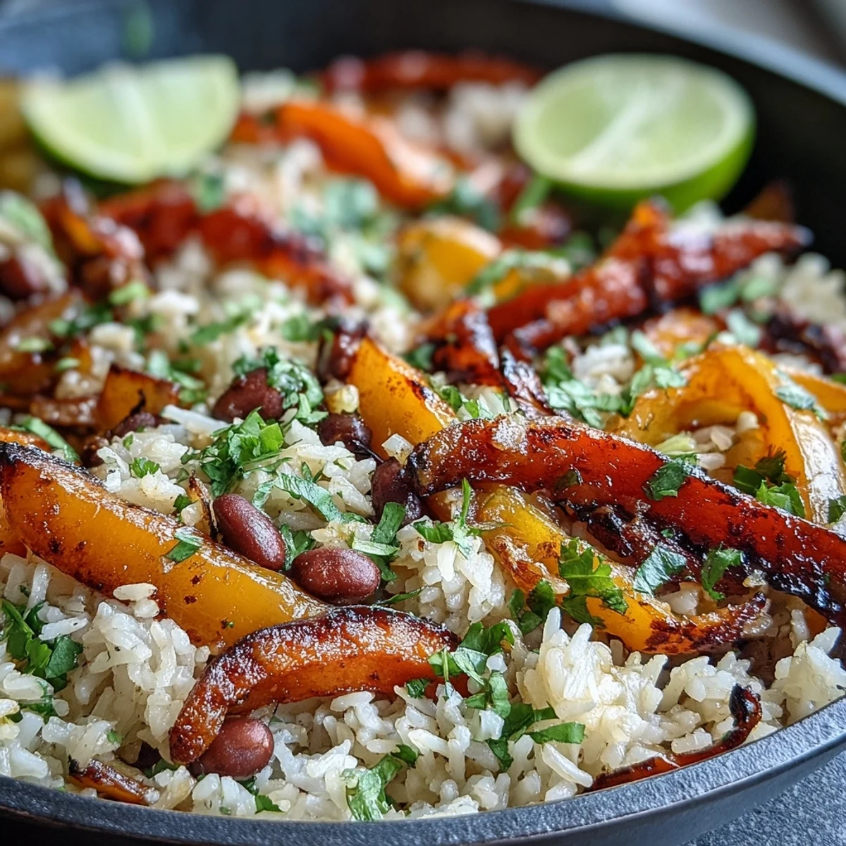 Smoky, spiced one-pan vegan fajita rice skillet loaded with bell peppers, black beans, and fresh garnishes.