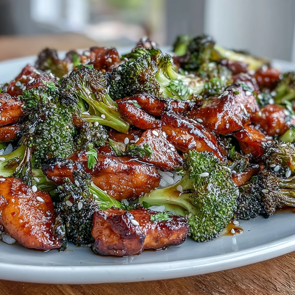 A colorful sheet pan meal with juicy teriyaki chicken, crisp broccoli, and fluffy brown rice for an easy dinner.  