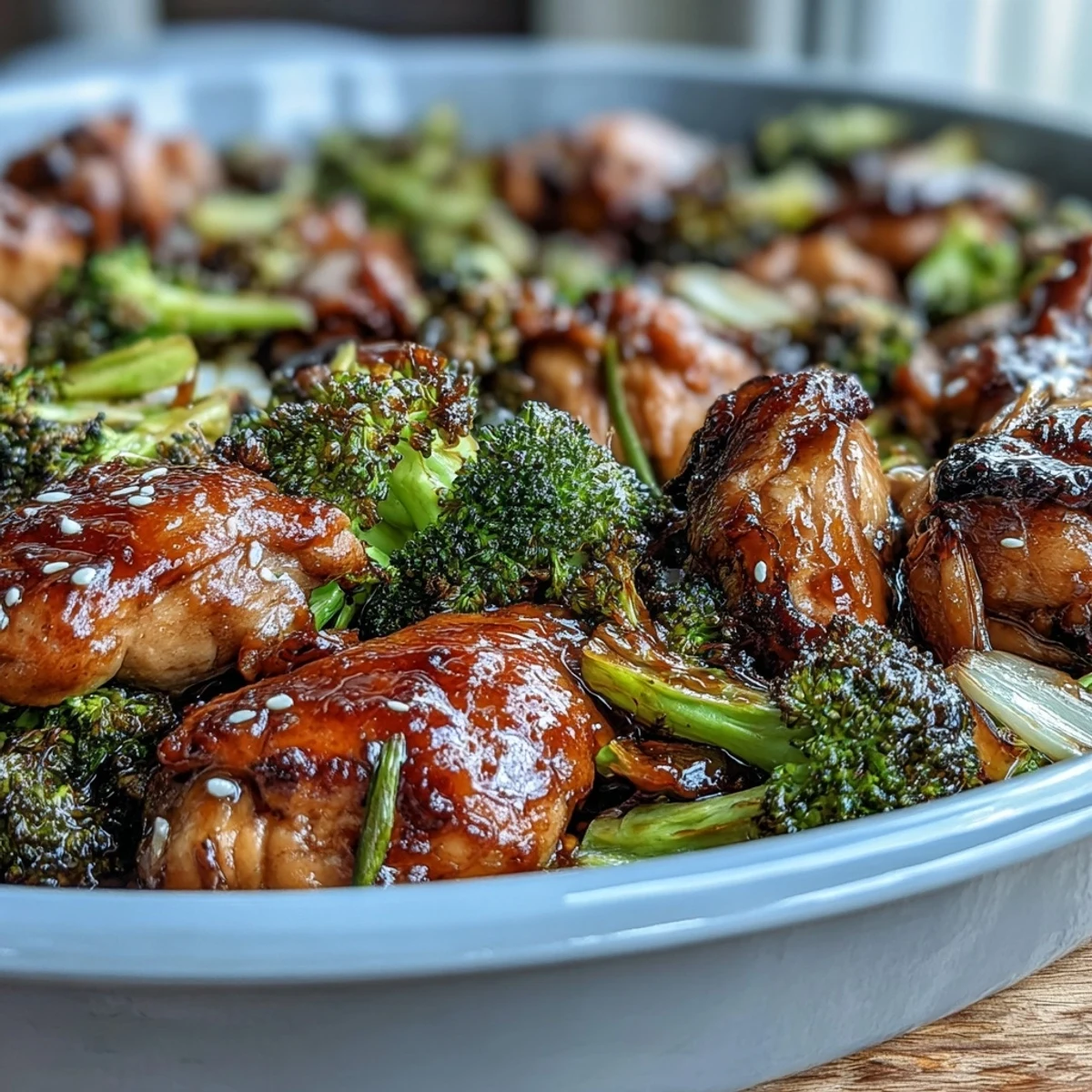 Savory teriyaki-glazed chicken and broccoli roasted to perfection, served atop hearty brown rice with sesame garnish.