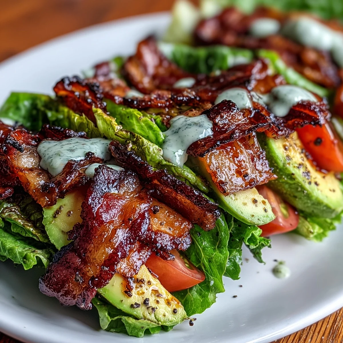 Keto BLT Lettuce Wraps with Garlic Mayo and Cracked Pepper in a close-up shot, showcasing crispy bacon, juicy tomato, creamy avocado, and a drizzle of garlicky mayo over fresh romaine leaves.