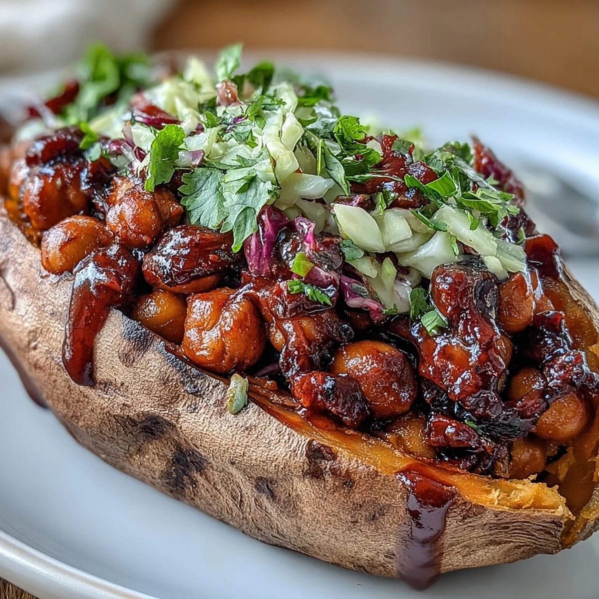 Golden baked sweet potatoes overflowing with rich, saucy BBQ chickpeas and fresh cilantro slaw, perfect for a hearty plant-based dinner.
