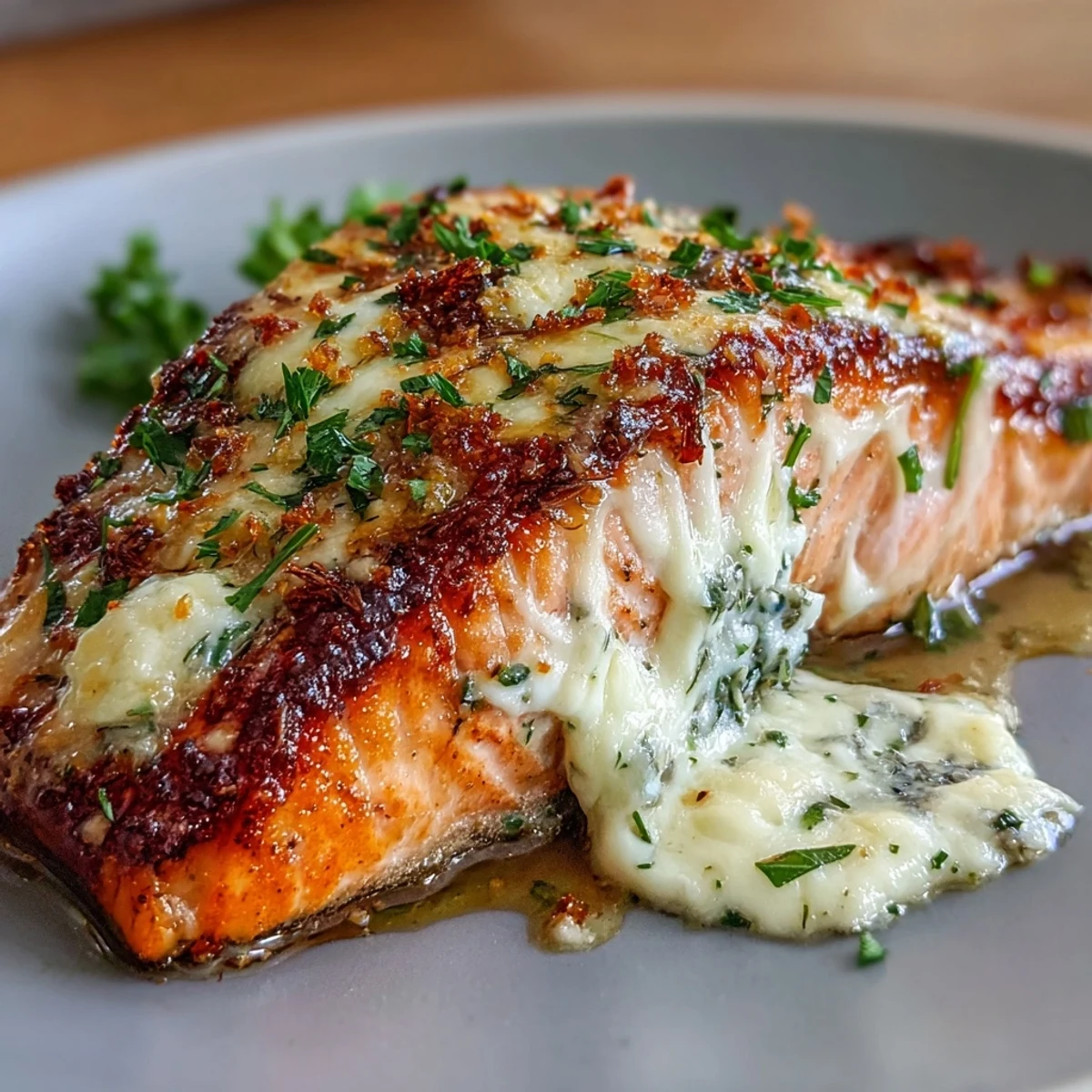 Creamy baked salmon fillets drizzled with rich lemon butter sauce, garnished with fresh parsley.  