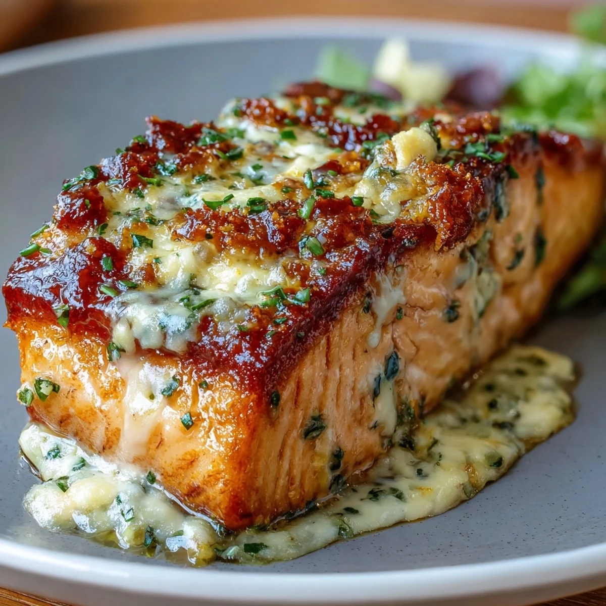 Oven-baked salmon in a smooth Parmesan cream cheese sauce with zesty lemon, perfect for elegant dinners.  
