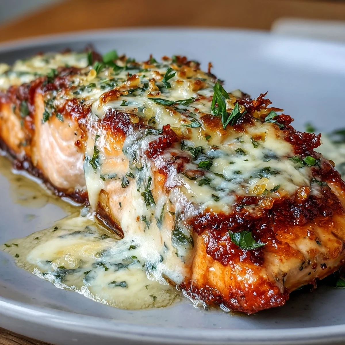 Golden-baked salmon topped with tangy lemon butter cream sauce, served with lemon wedges for extra brightness.