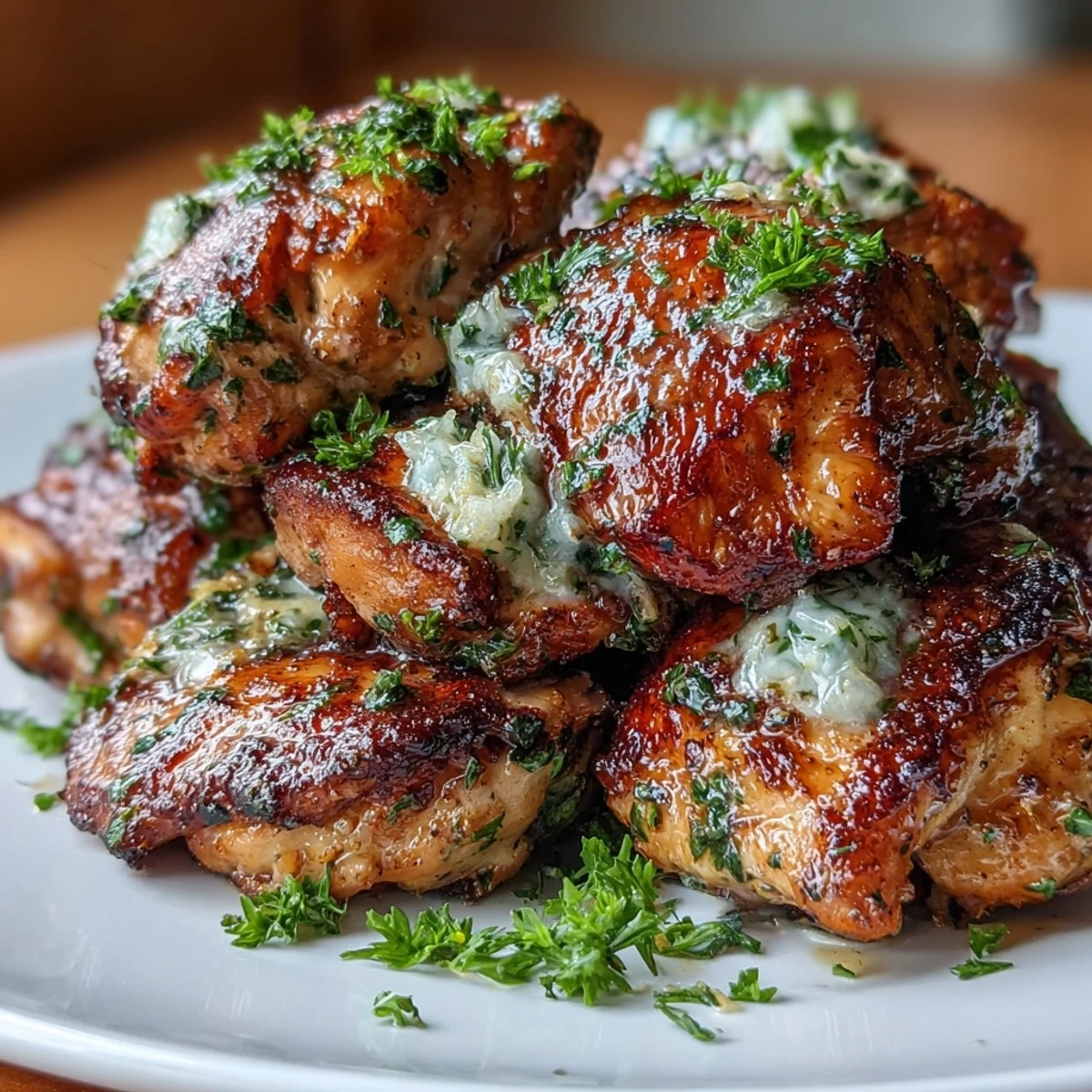Tender chicken bites coated in zesty cowboy butter sauce, garnished with fresh parsley and lemon.