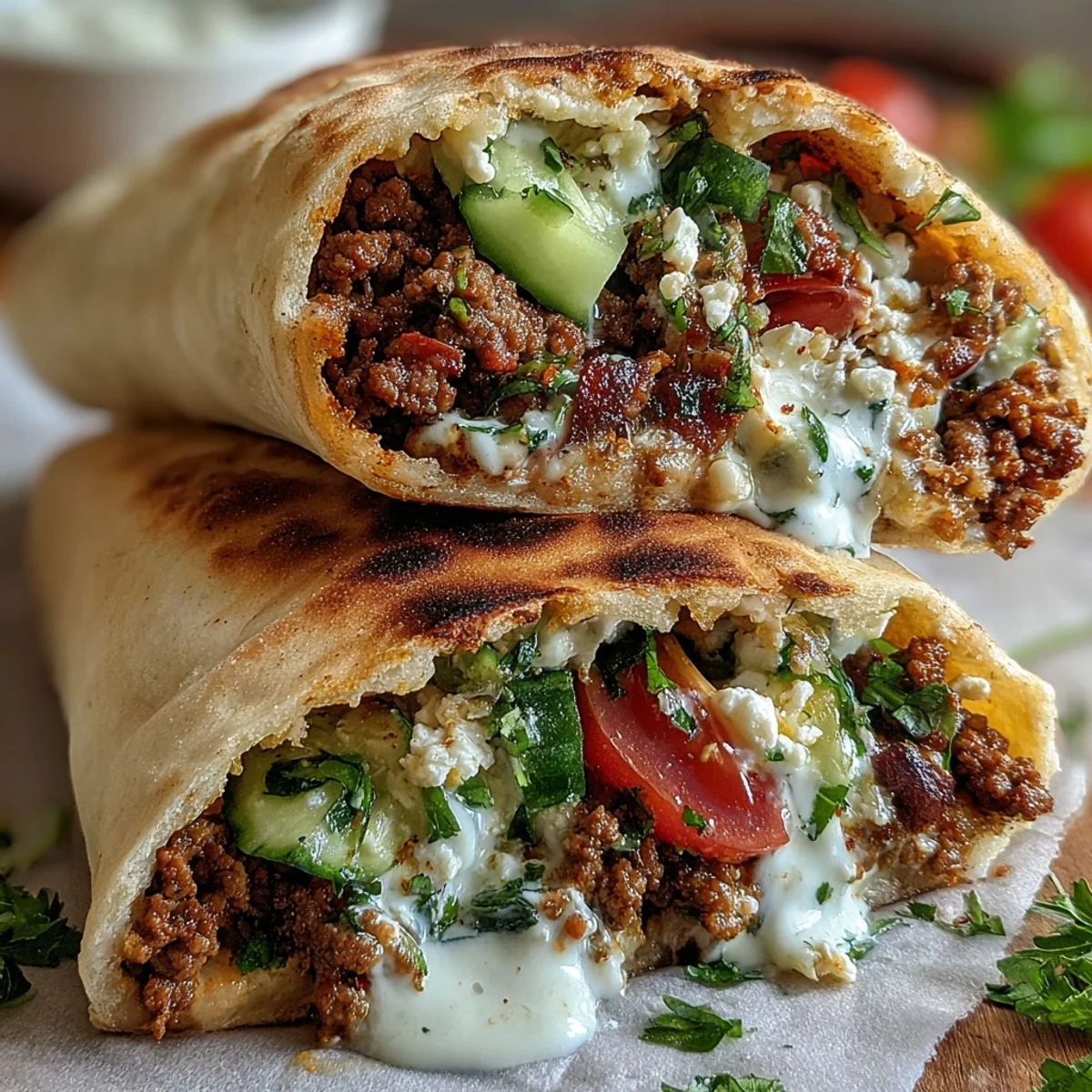 Handheld Mediterranean beef pita pockets with aromatic herbs, crisp vegetables, and cool yogurt sauce for a satisfying dinner.