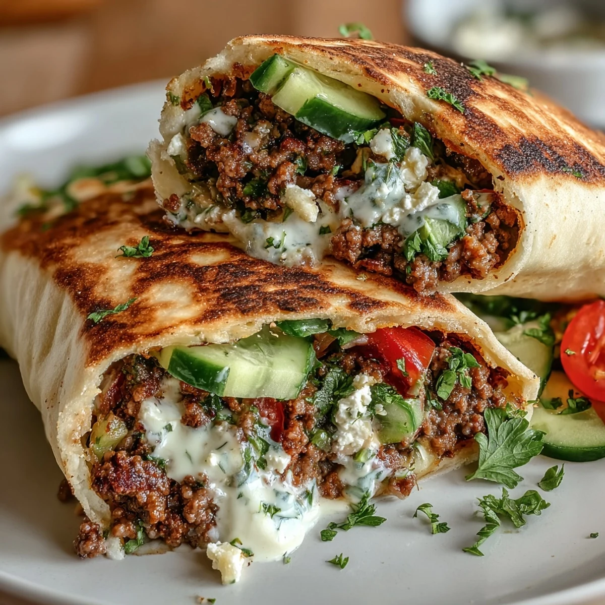 Warm pita bread pockets bursting with savory Mediterranean ground beef, fresh cucumber, tomatoes, and tangy feta cheese.  