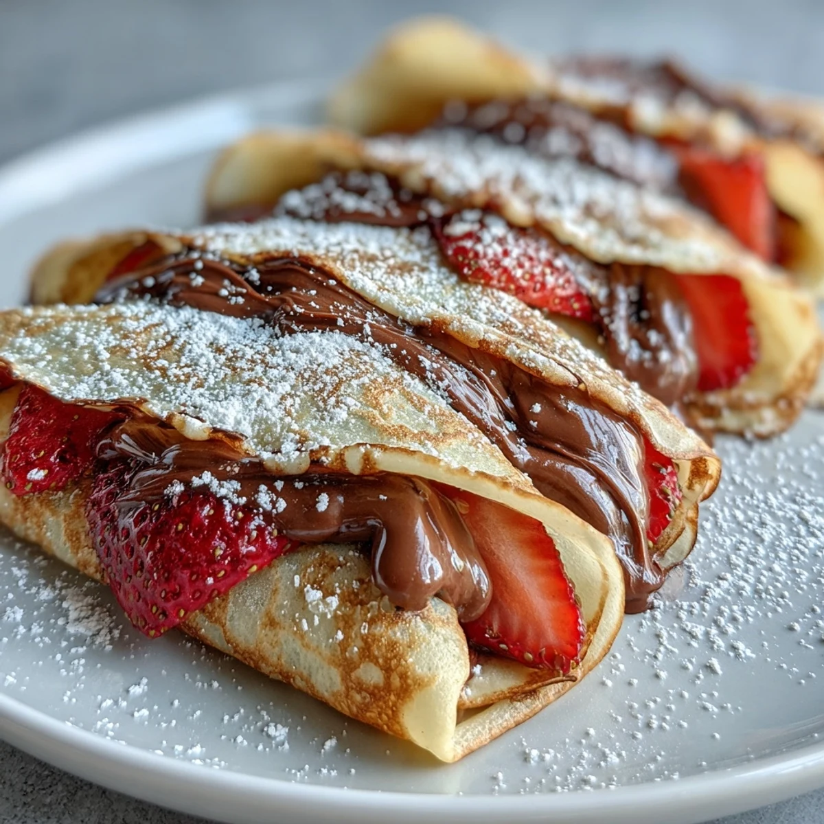 A stack of golden crêpes filled with Nutella and sliced strawberries, dusted with powdered sugar for a festive Galentine's brunch.