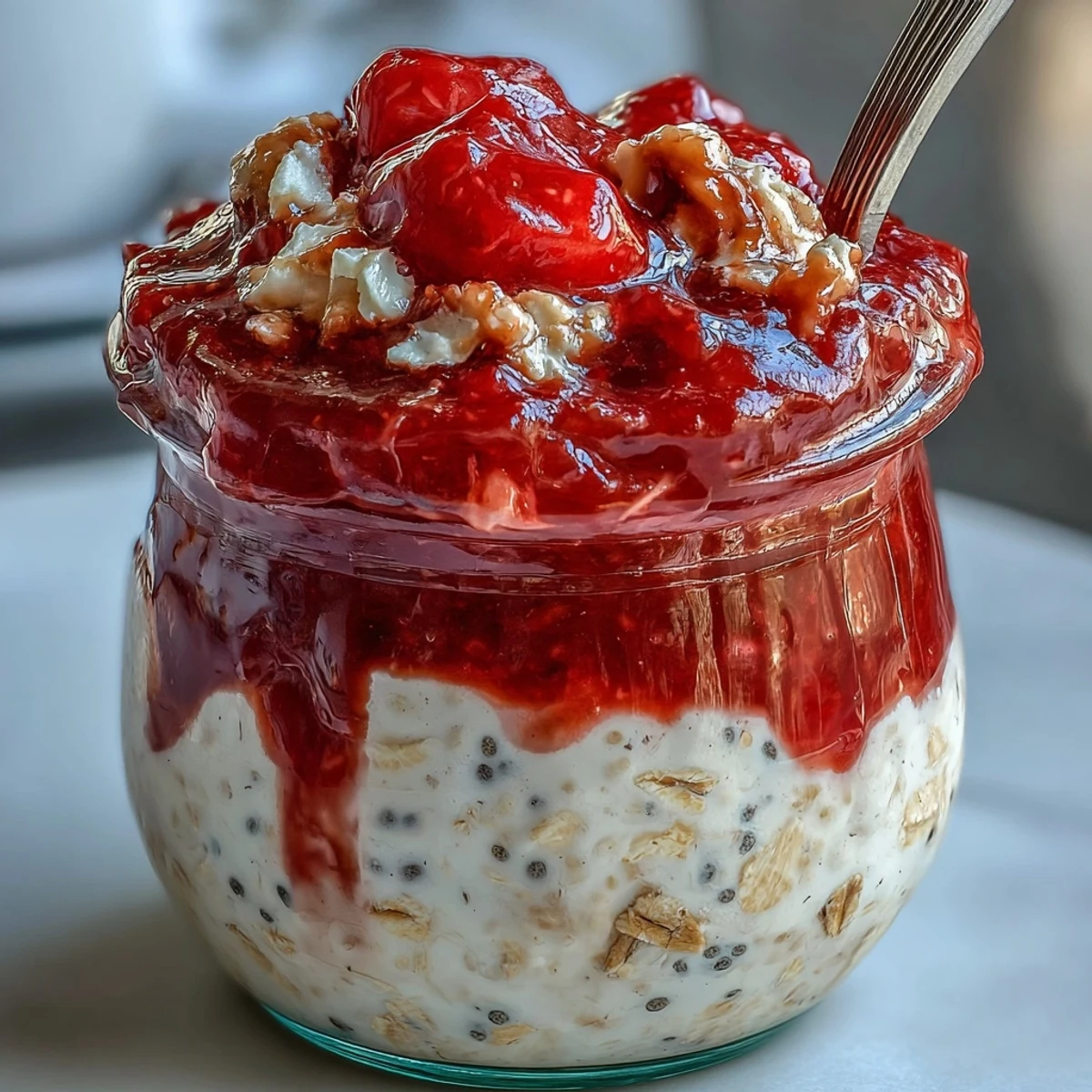 Nutritious overnight oats with homemade strawberry chia jam, offering a naturally sweet and energizing start to the day.
