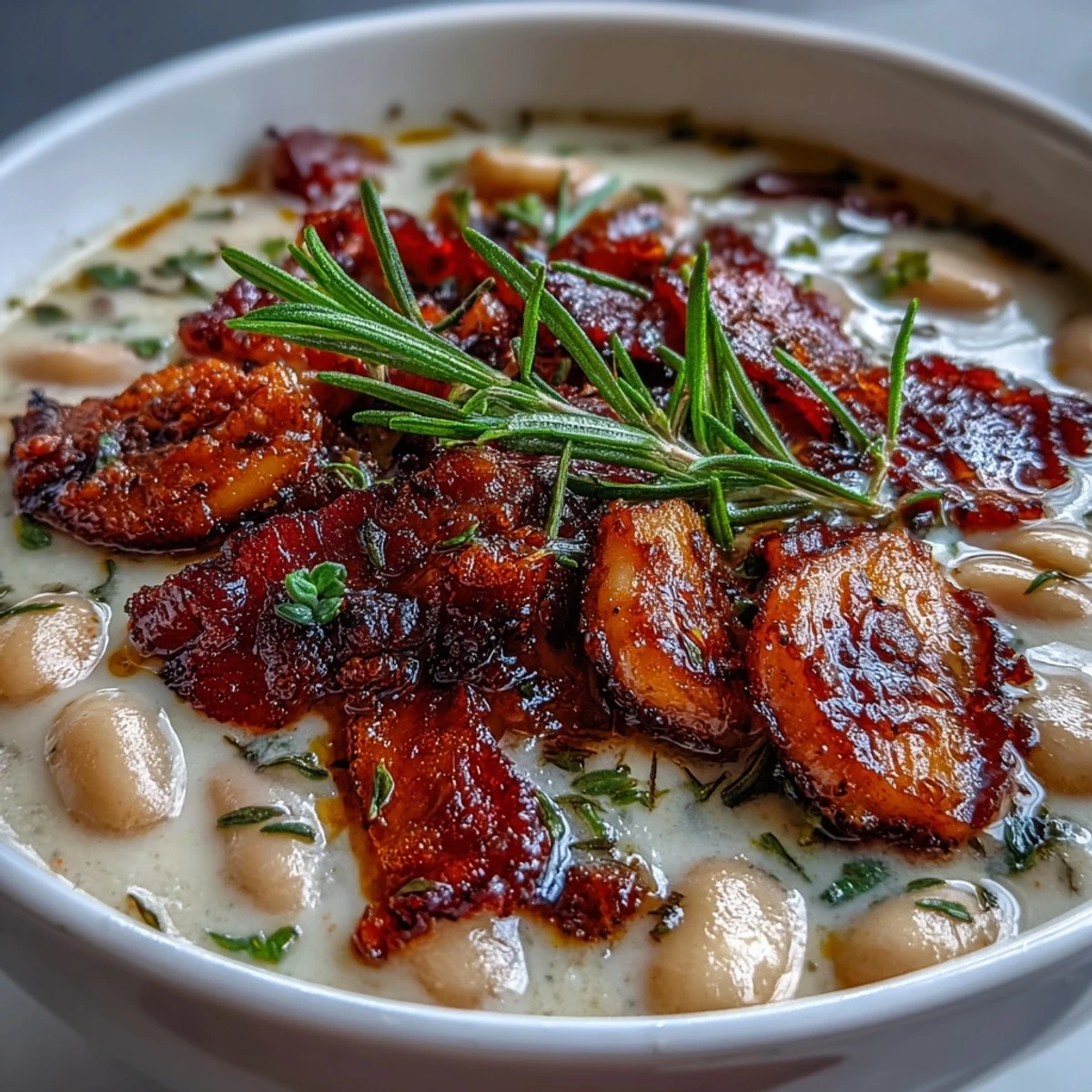 Velvety bean soup simmered with smoky bacon and aromatic rosemary, perfect for cold weather comfort.  