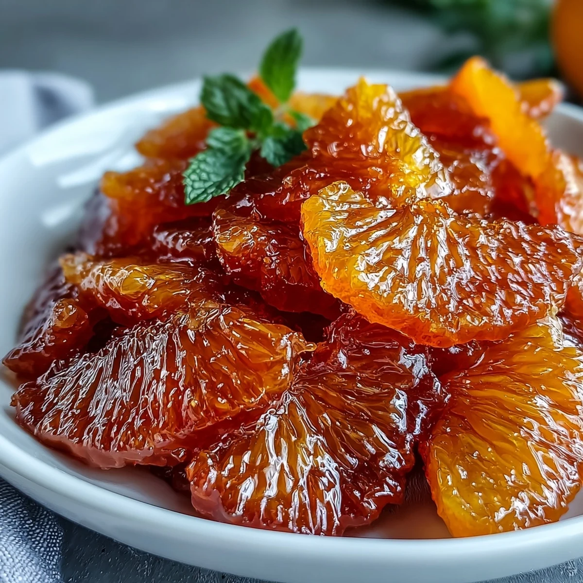 Tender, translucent orange slices simmered in vanilla syrup, ideal for dessert topping or yogurt garnish.  