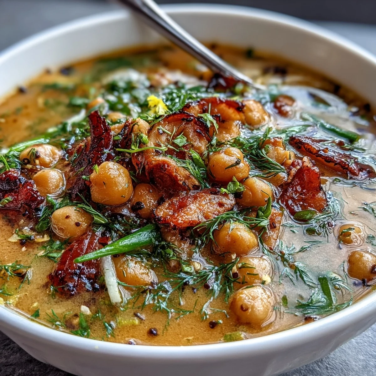 Warm ham and chickpea soup with fresh herbs, vibrant lemon, and diced vegetables, perfect for a cozy meal.