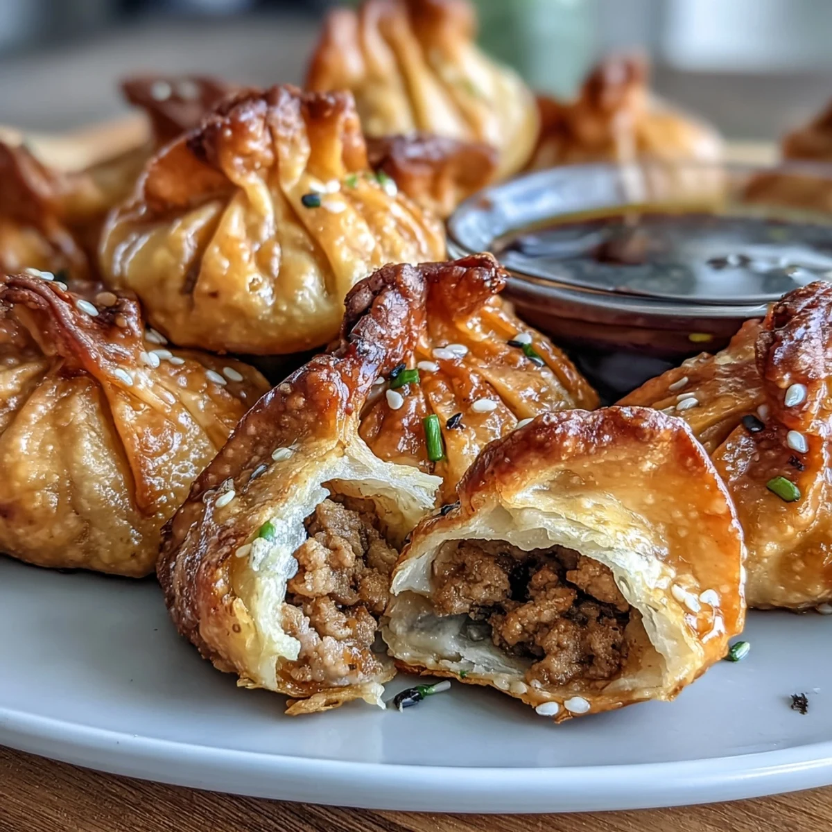 Air-fried pork dumplings with crispy edges, served alongside a bold chili oil infused with soy, vinegar, and sesame.